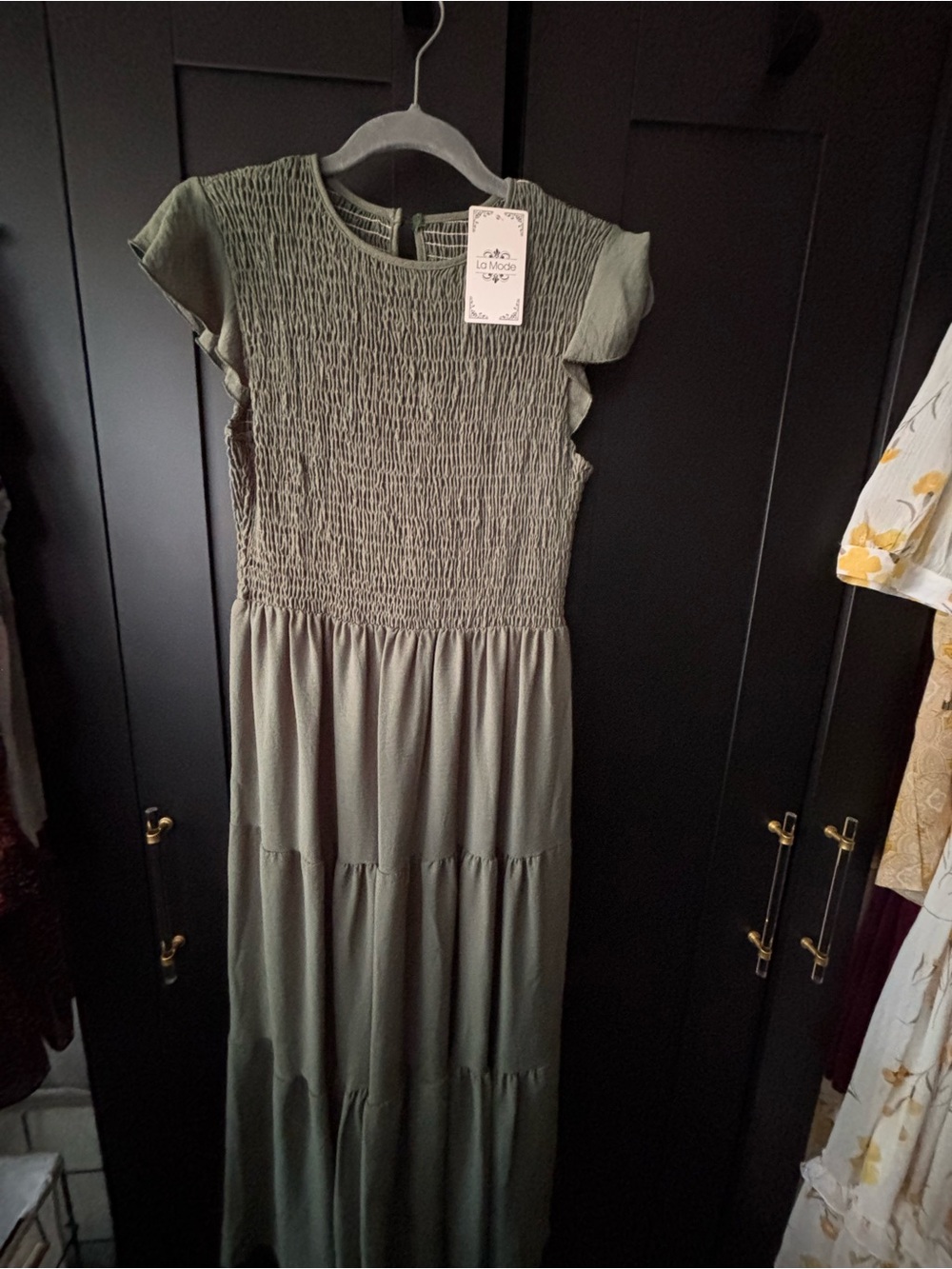 La Mode Olive Green Smocked Maxi Dress with Flutter Sleeves